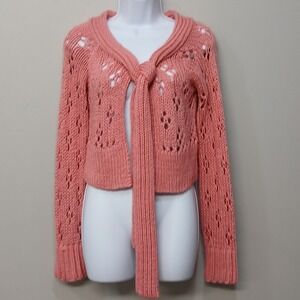 VTG Y2K Bebe Cardigan Sweater SZ M Dusty Pink Open Chunky Knit Cropped Tie Front